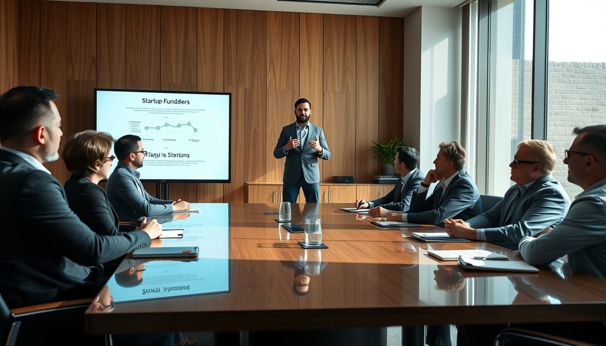 Emprendedor presentando pitch deck profesional a inversores en sala de reuniones moderna
