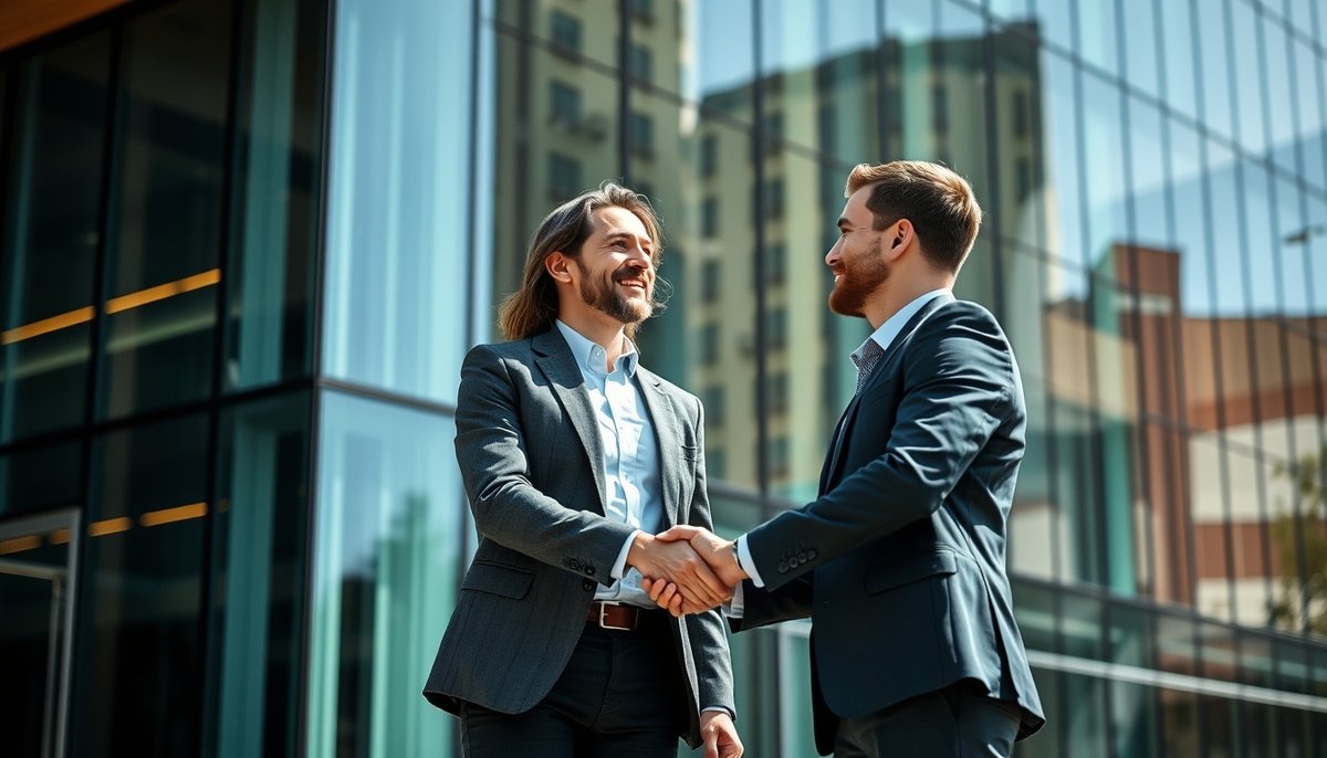 Distrito empresarial español moderno con profesionales y tecnología innovadora