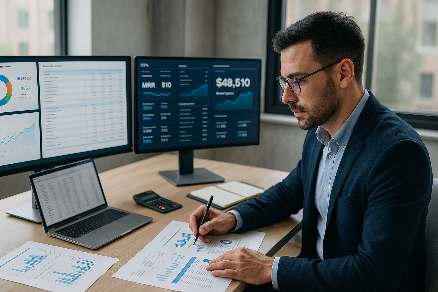 Auditoría financiera en startup: profesional analizando KPIs y estados