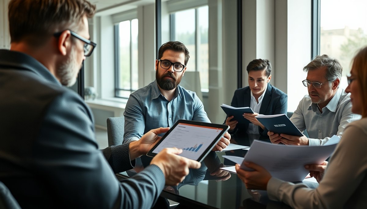 Reunión de valoración de startup con analistas financieros españoles