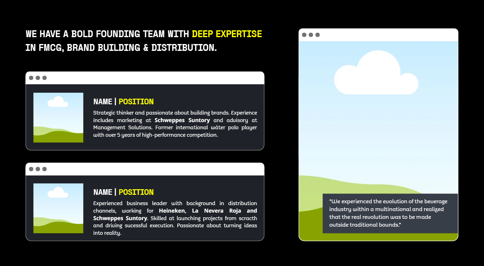 Slide presentación equipo startup con perfiles fundadores y experiencia